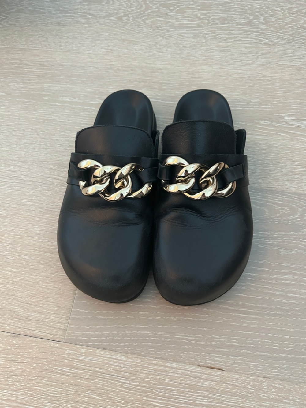 Black Slip-On Mules with Gold Chain Accent
